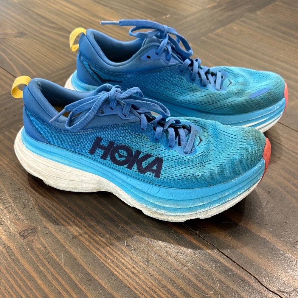 Hoka Men's Blue Running Shoes with Yellow Heel Tabs